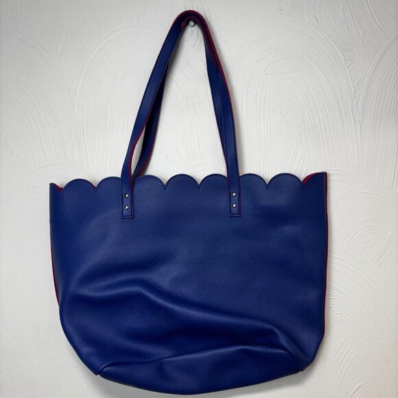 Blue Scalloped Tote Bag Faux Leather Pink Trim Bow Accent Large 18"x13" Shopper - Picture 5 of 6